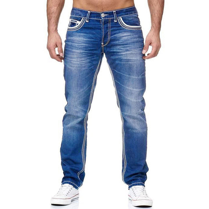 Men's casual slim fit jeans, used-style wash, featuring rugged contrast stitching for a stylish, comfortable look.
