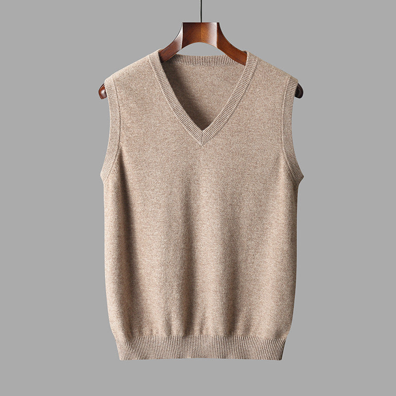 Men's V-neck sweater vest in a classic knit, perfect for timeless smart casual comfort and versatile layering.