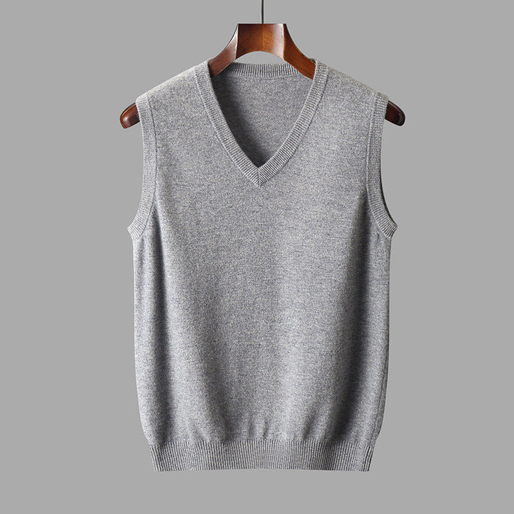 Versatile men's V-neck sweater vest, a key piece for smart casual outfits and sophisticated layering.