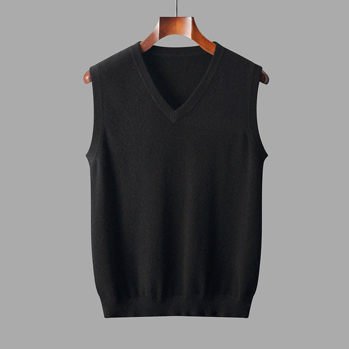 Men's knit V-neck sweater vest, perfect for smart casual layering, adding warmth and style to any autumn look.