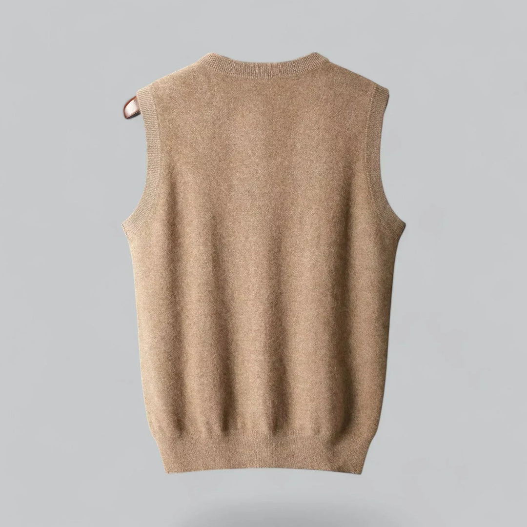 Sophisticated men's V-neck sweater vest, essential for business casual layering and versatile smart autumn outfits.