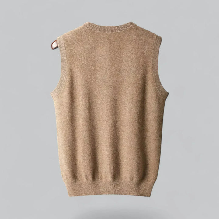 Sophisticated men's V-neck sweater vest, essential for business casual layering and versatile smart autumn outfits.