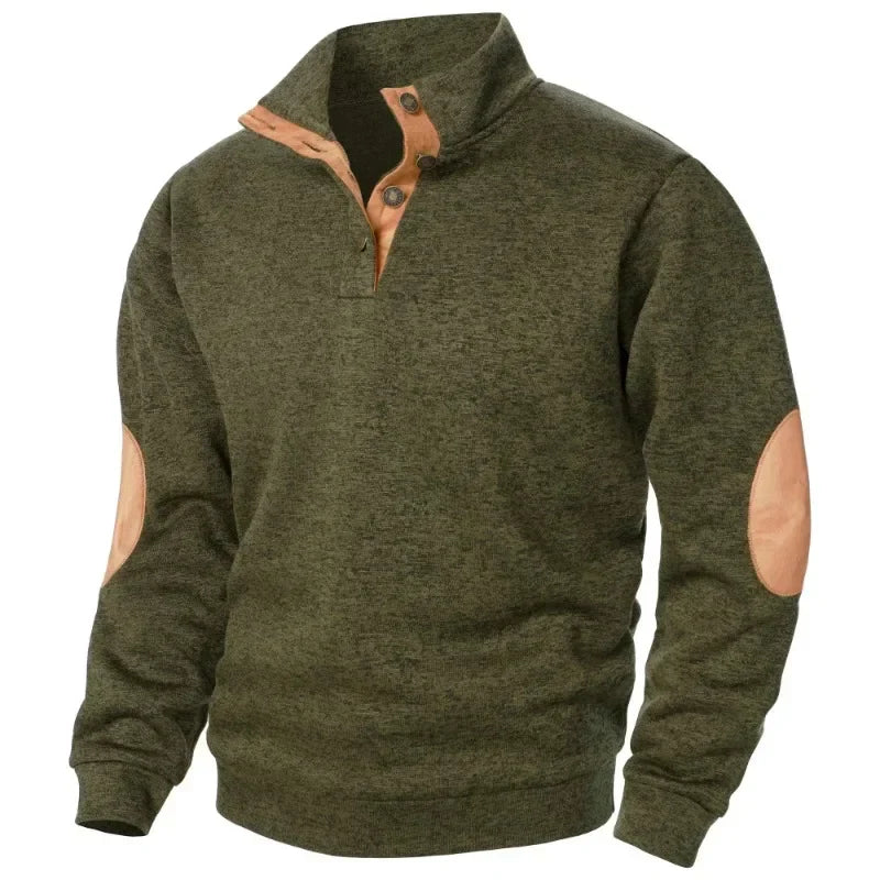 Man wearing a comfortable long-sleeve V-neck sweatshirt, perfect for casual outdoor style.