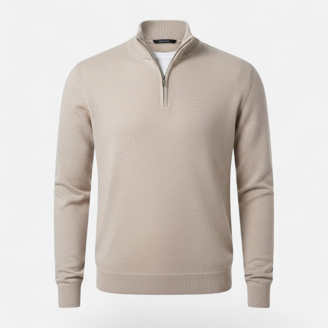 Men's V-neck zipper sweater in soft knit, perfect for effortless smart casual style.