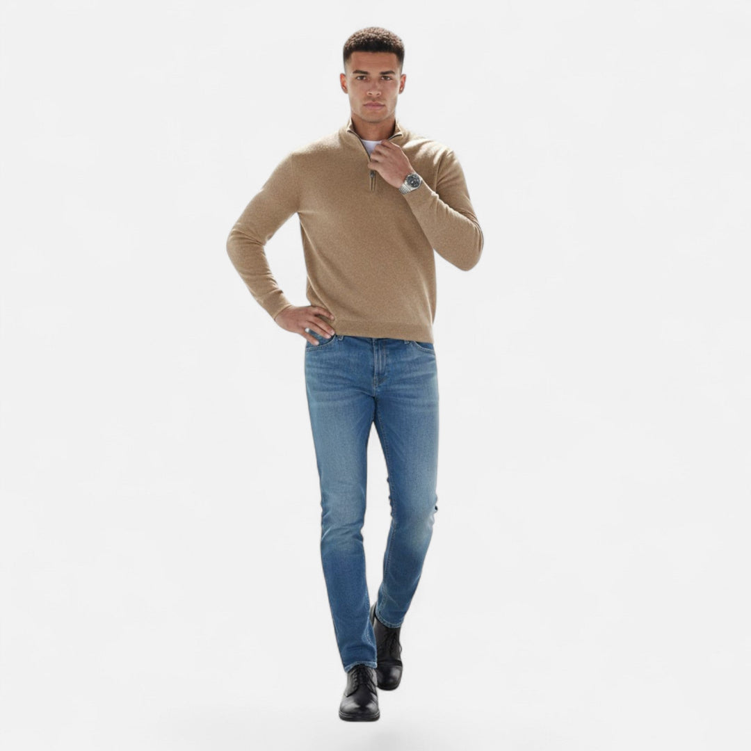 Durable men's V-neck zipper sweater, a classic long sleeve knit for daily wear.