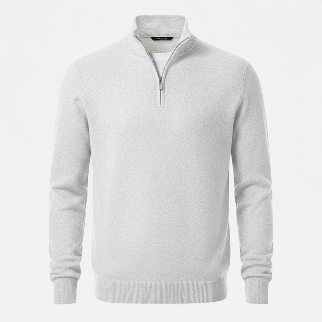 Versatile men's long sleeve V-neck knit, with a subtle zipper for smart layering.