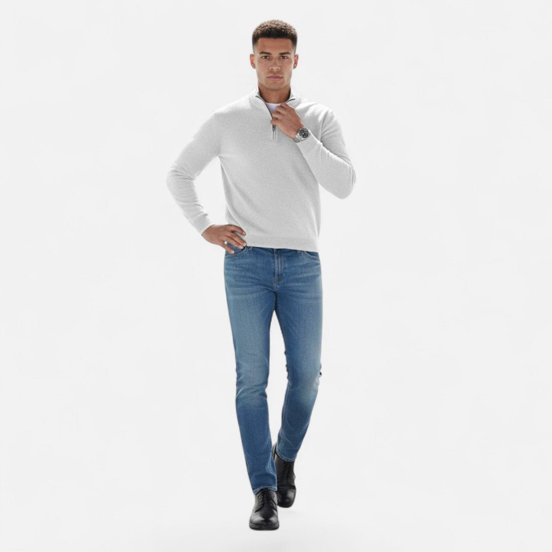 Cozy men's zipper V-neck pullover, an essential comfort piece for cooler seasons.