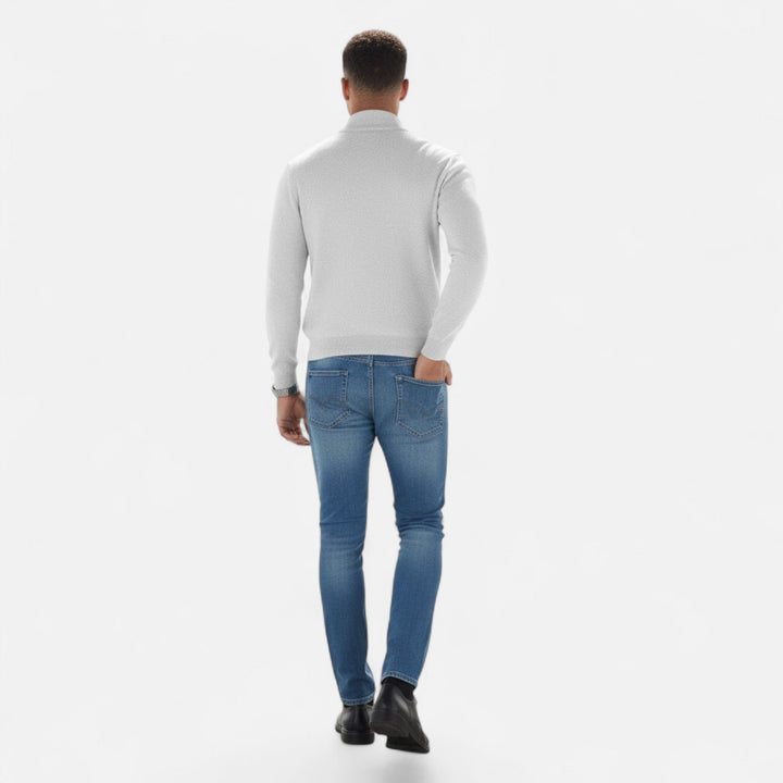 Sleek men's V-neck sweater with a functional zipper, blending style and ease.
