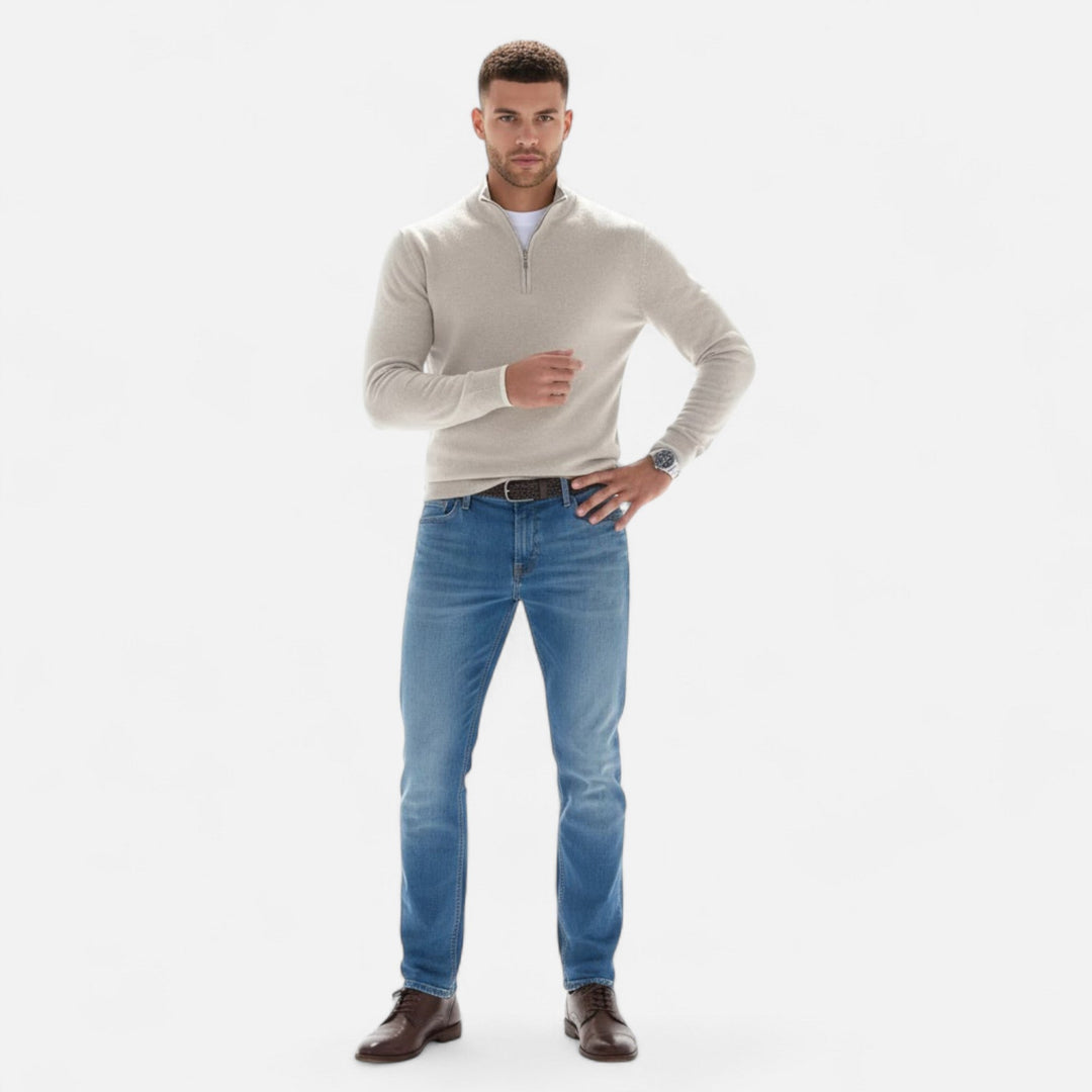 Stylish men's long sleeve V-neck pullover with zipper detail, ideal for autumn layering.