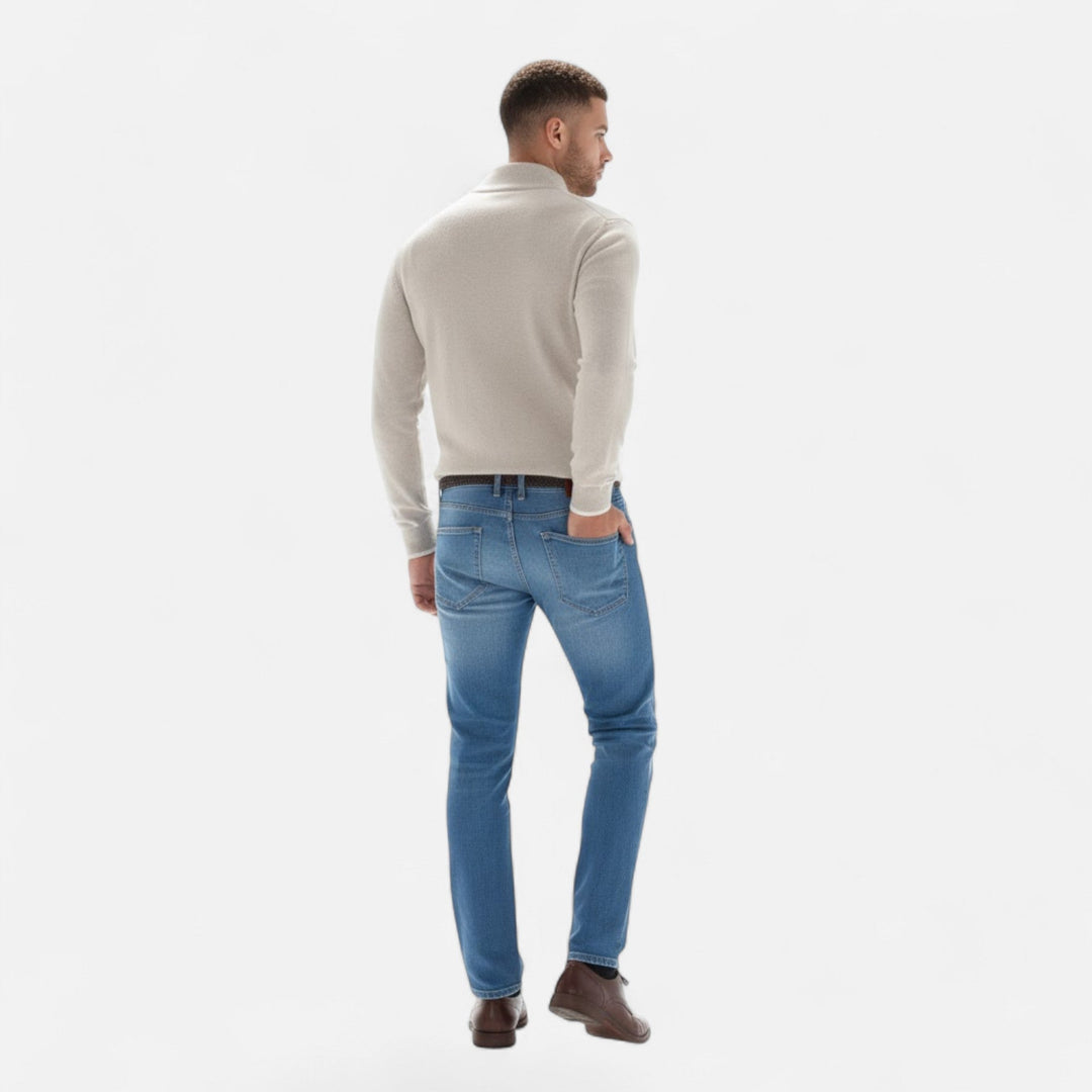 Comfortable men's knit V-neck top with zipper, versatile for casual or smart casual outfits.