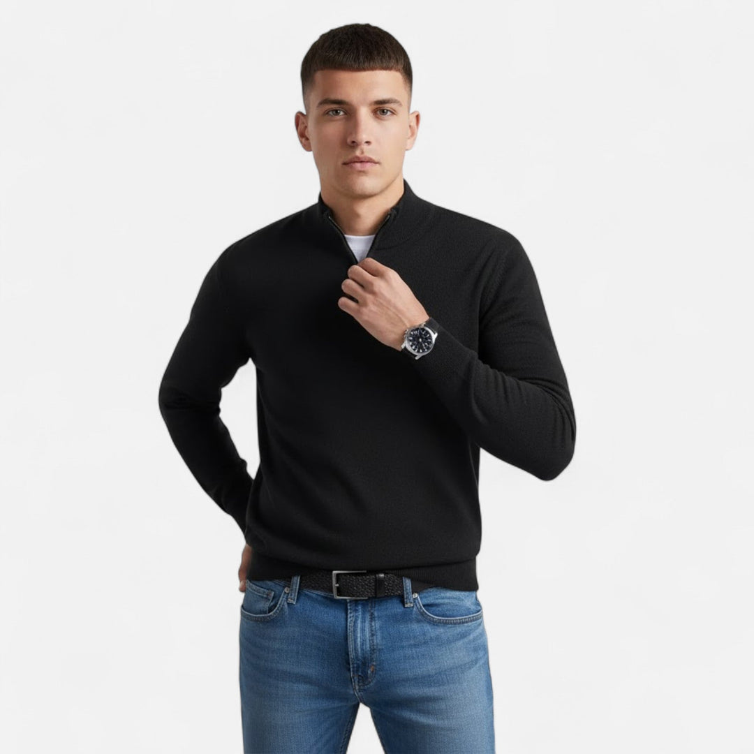 Modern men's V-neck pullover with practical zipper, great for all-season layering.