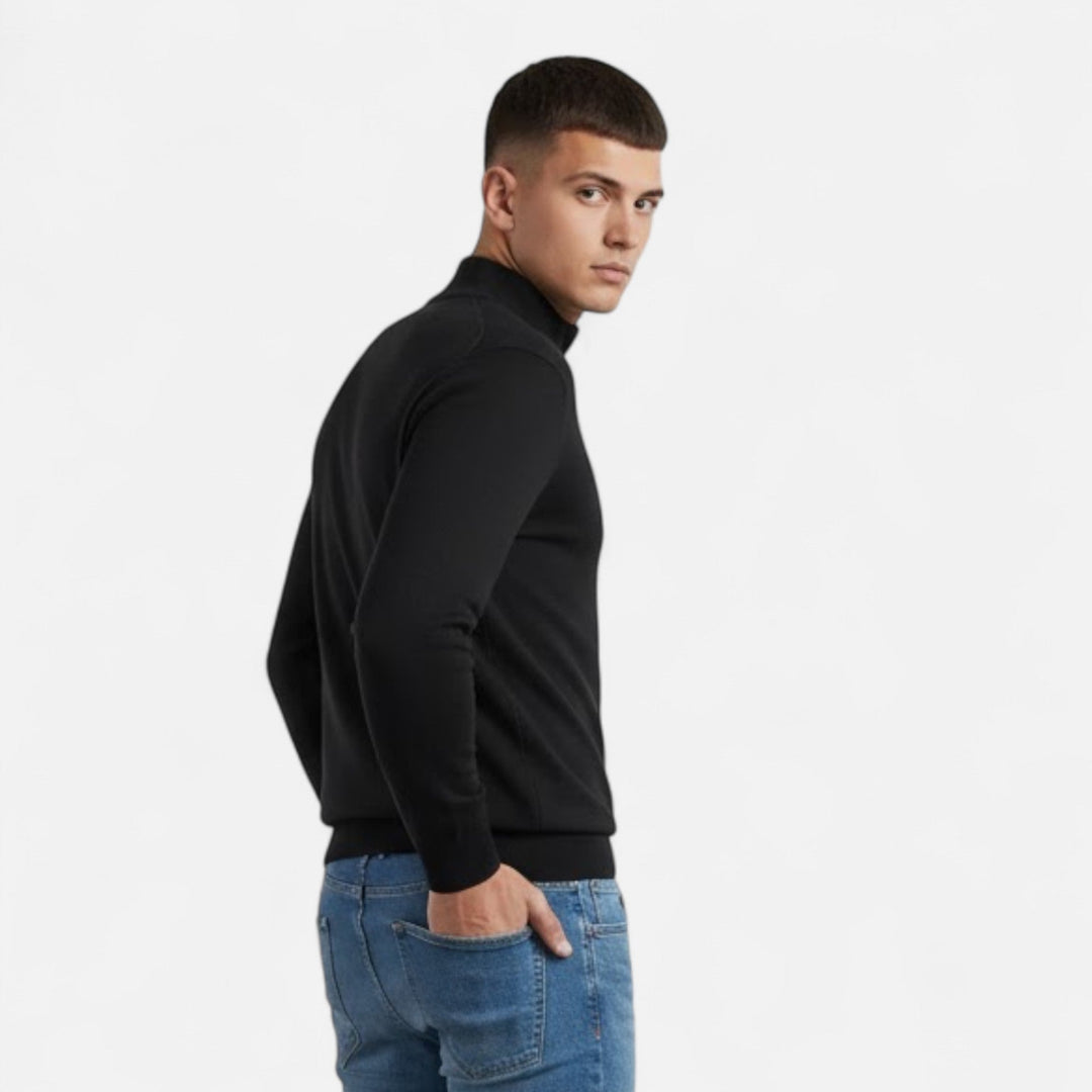 Effortless men's casual V-neck zipper top, a comfortable and stylish long sleeve sweater.