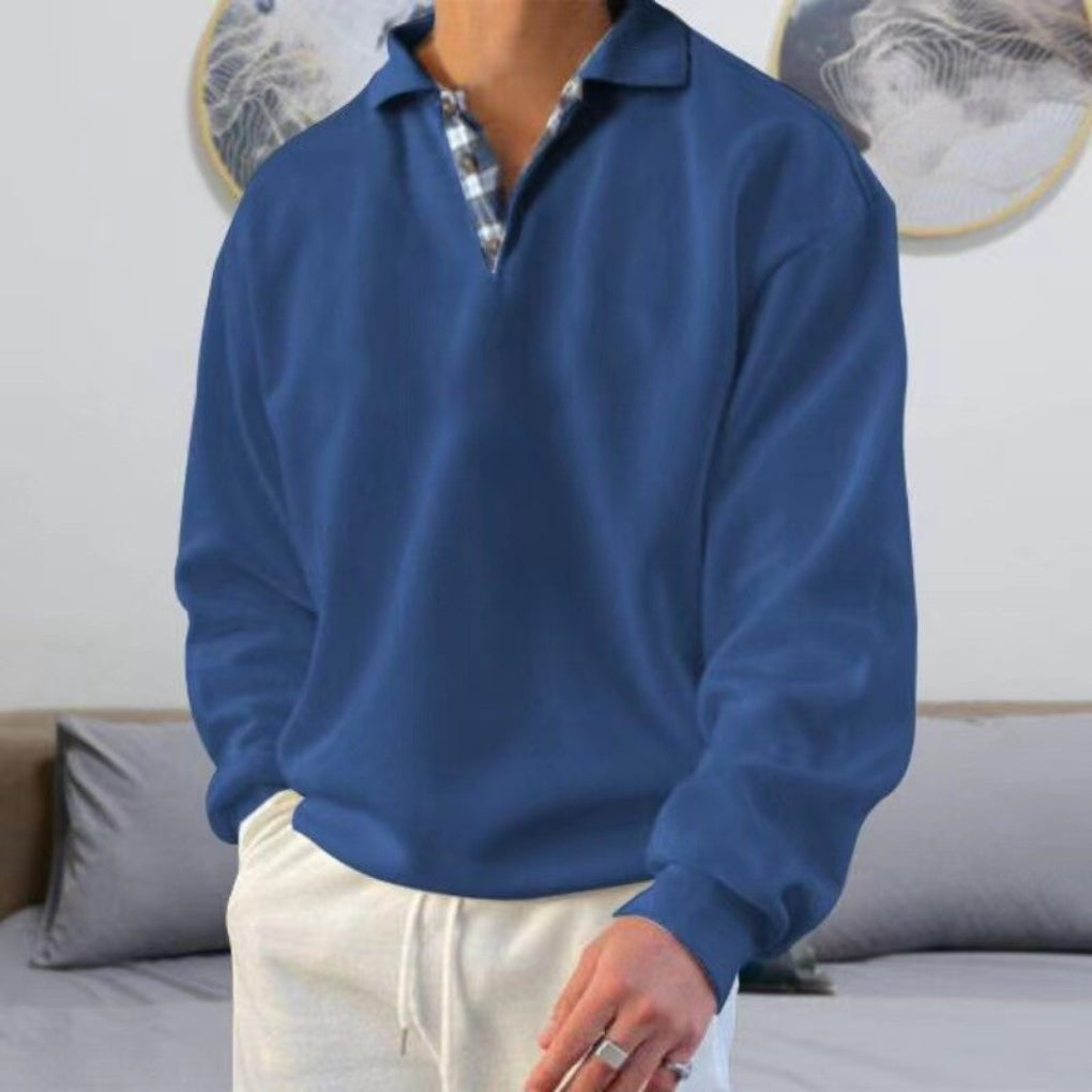 Relaxed fit men's long sleeve polo sweater. Comfortable, breathable, and stylish for modern casual wear.