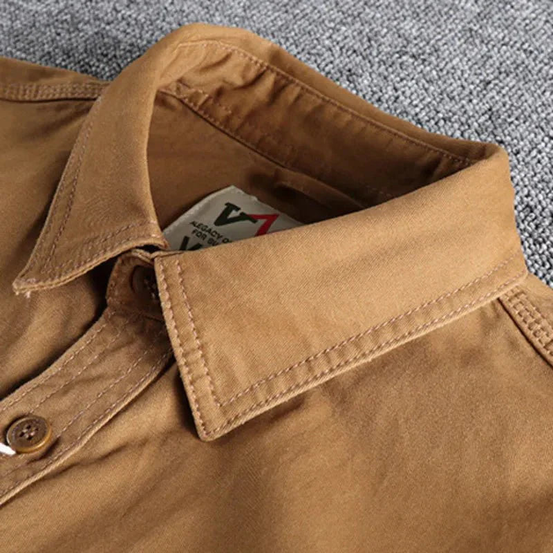Khaki men's casual long sleeve utility shirt, designed for comfort & effortless style in modern men's apparel.