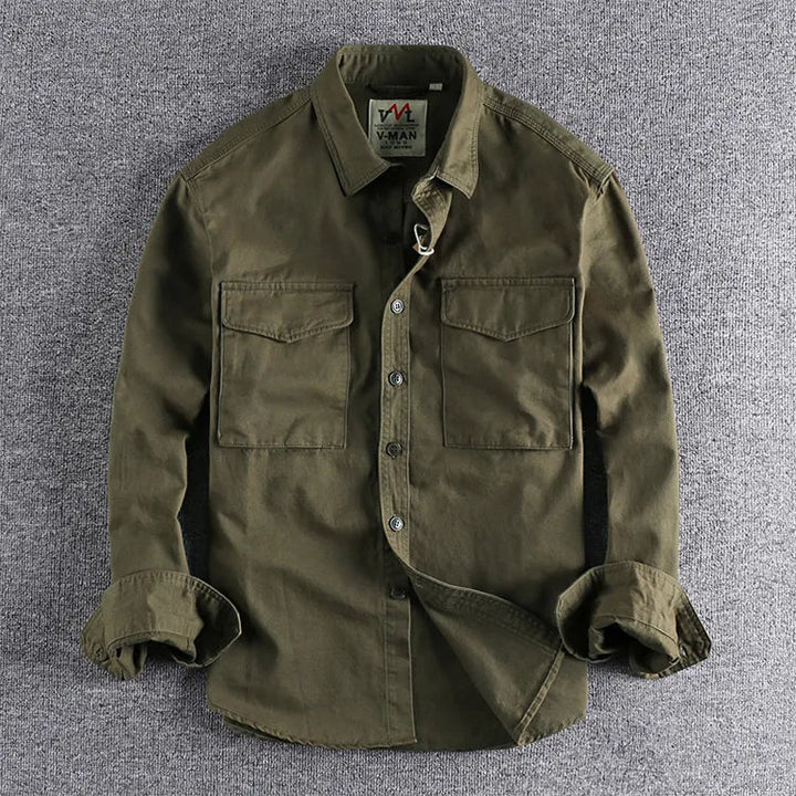 Marine blue men's versatile long sleeve utility shirt, offering comfort & effortless style for casual everyday wear.