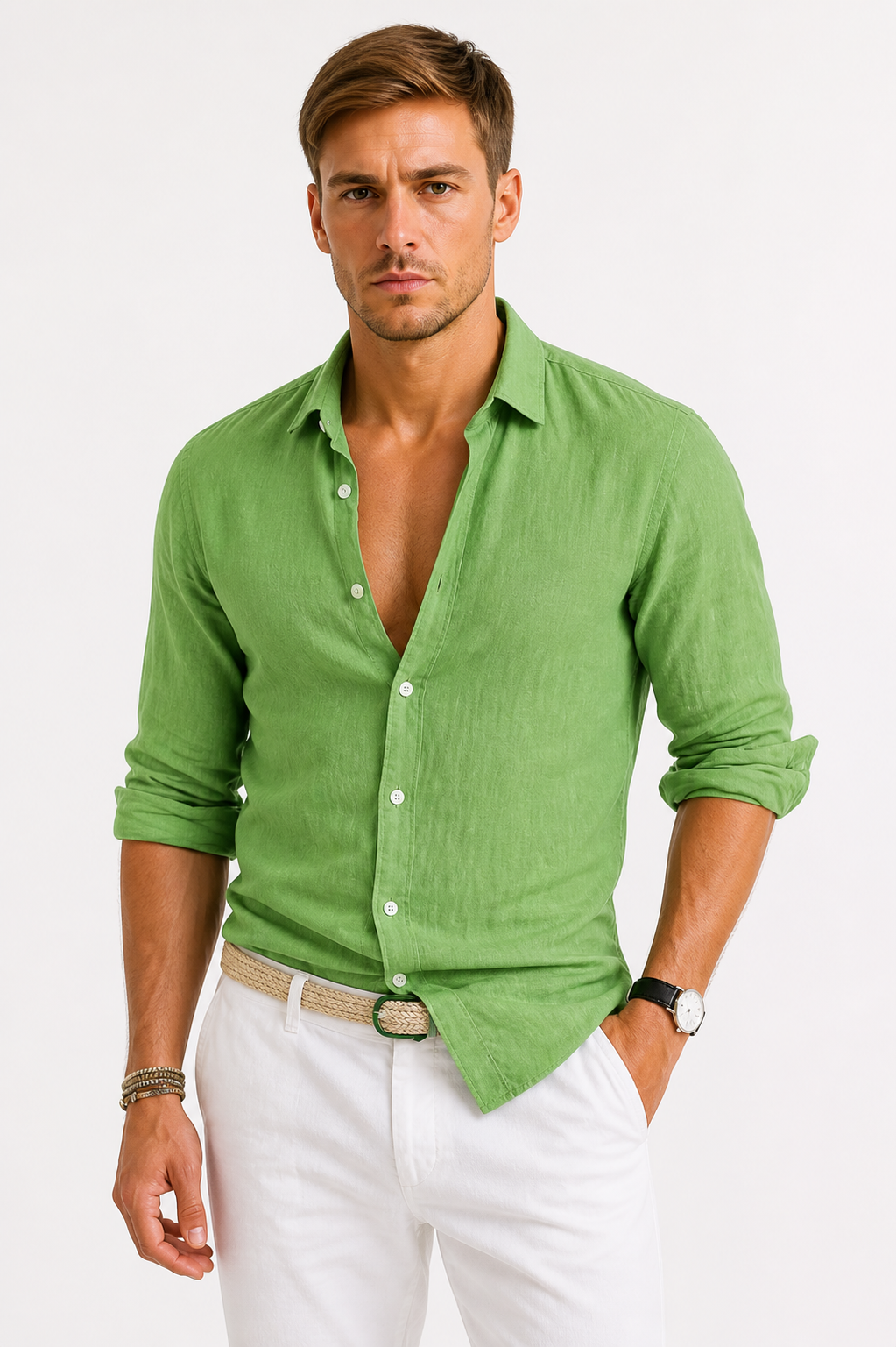 Stylish men's versatile Oxford shirt, long sleeve, perfect for a smart casual summer outfit.