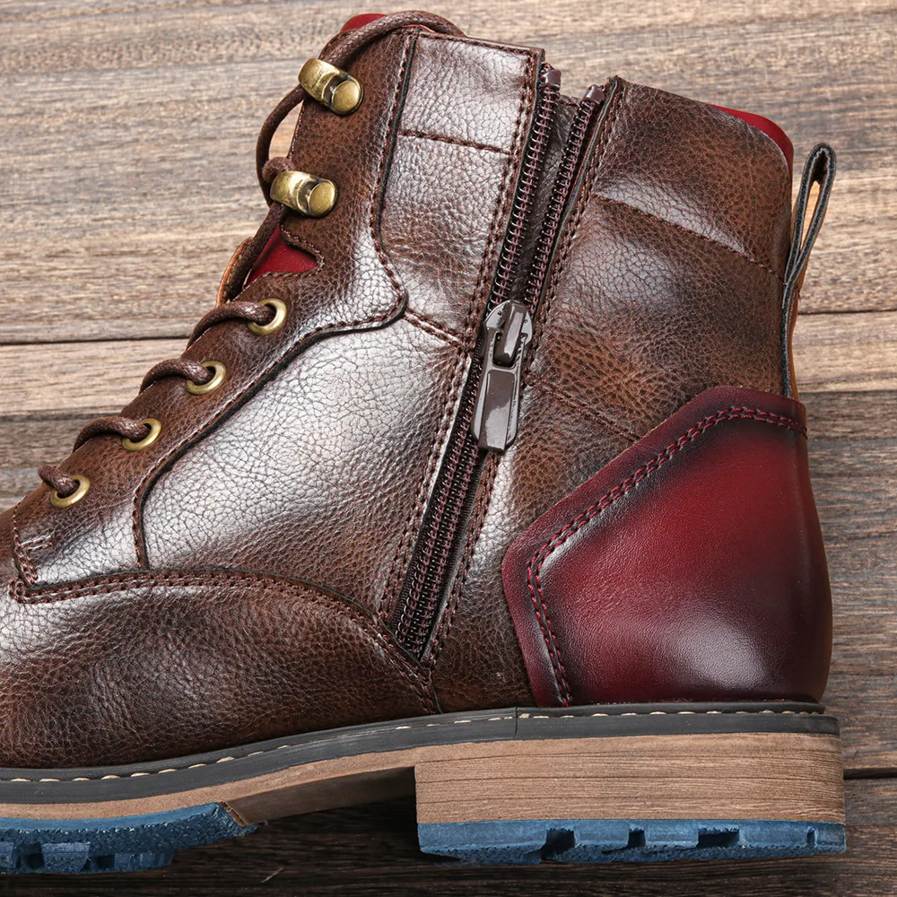 Classic men's lace-up ankle boots with practical side zipper and vintage style design.