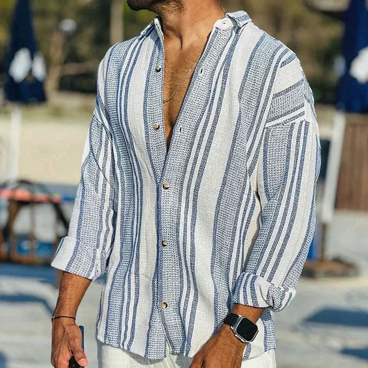 Men's vintage striped casual shirt, lightweight short sleeve button-down for summer fashion & everyday wear.