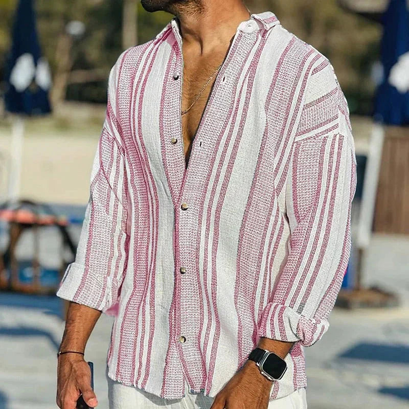 Lightweight men's casual striped shirt, perfect for summer. Vintage style short sleeve button-down top.