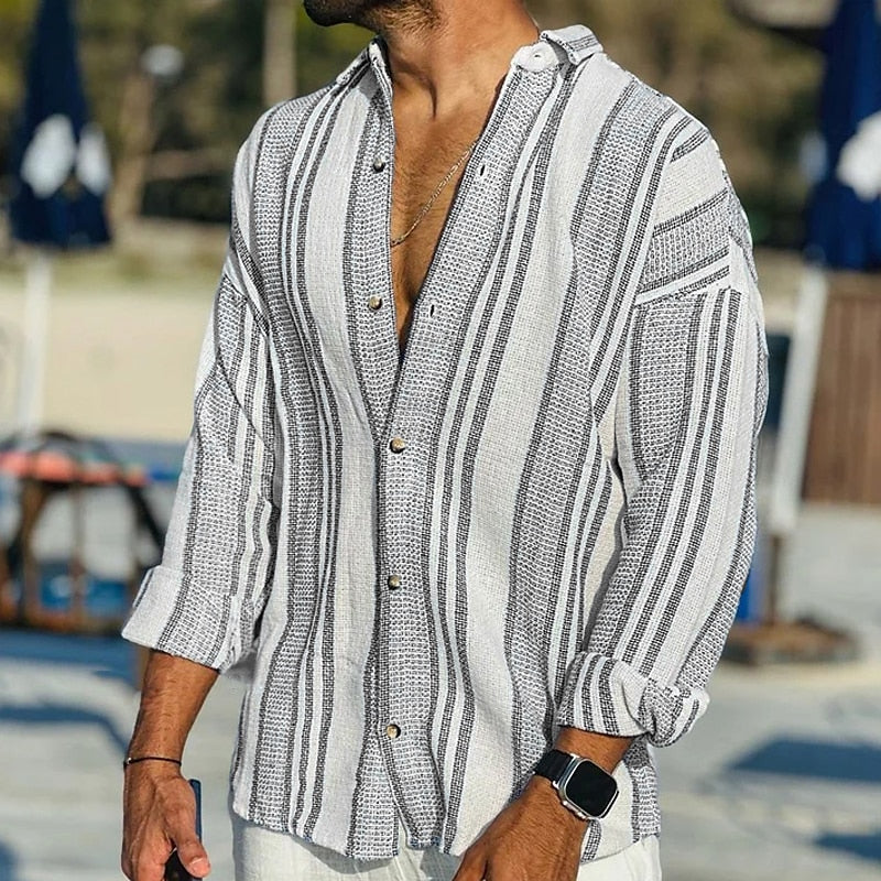 Classic men's vintage striped shirt, a casual lightweight short sleeve top for summer and everyday fashion.