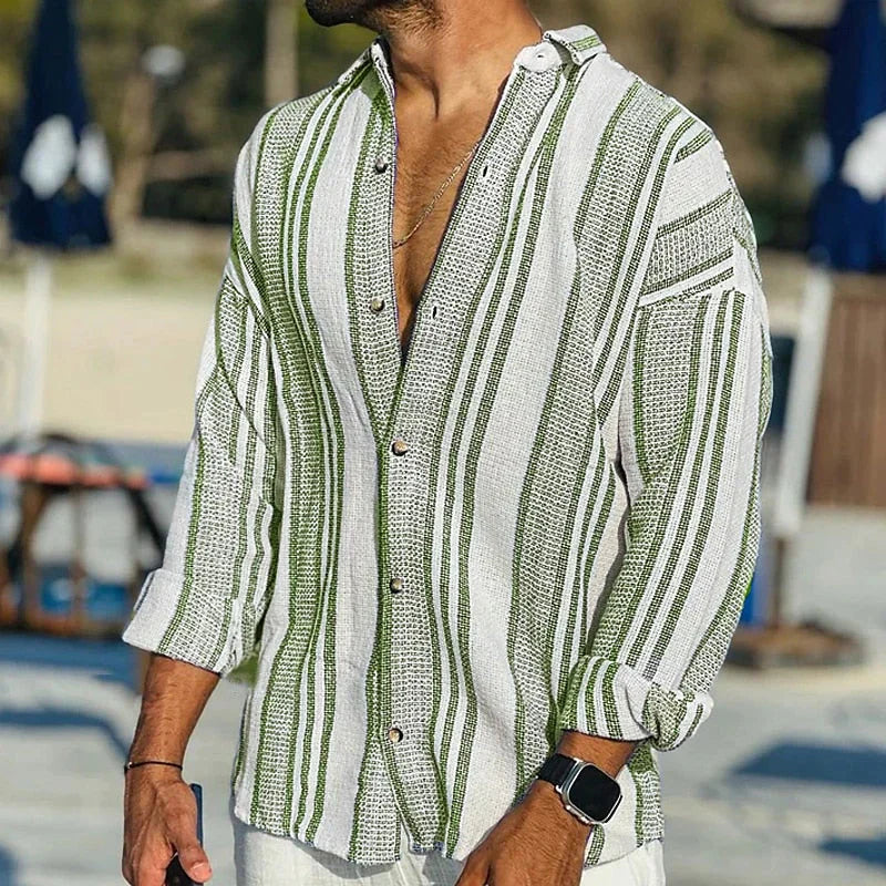 Stylish men's striped button-down shirt. Vintage casual top, lightweight & short sleeve for summer comfort.