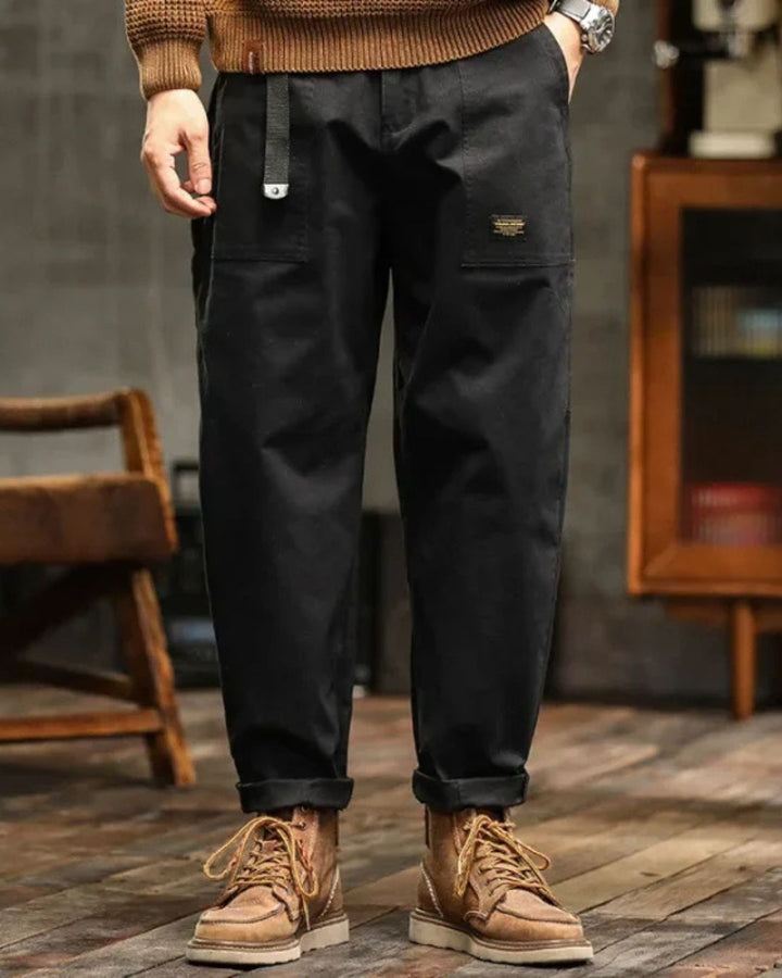 Blue men's vintage washed cargo pants, relaxed fit trousers, offering casual comfort & style.