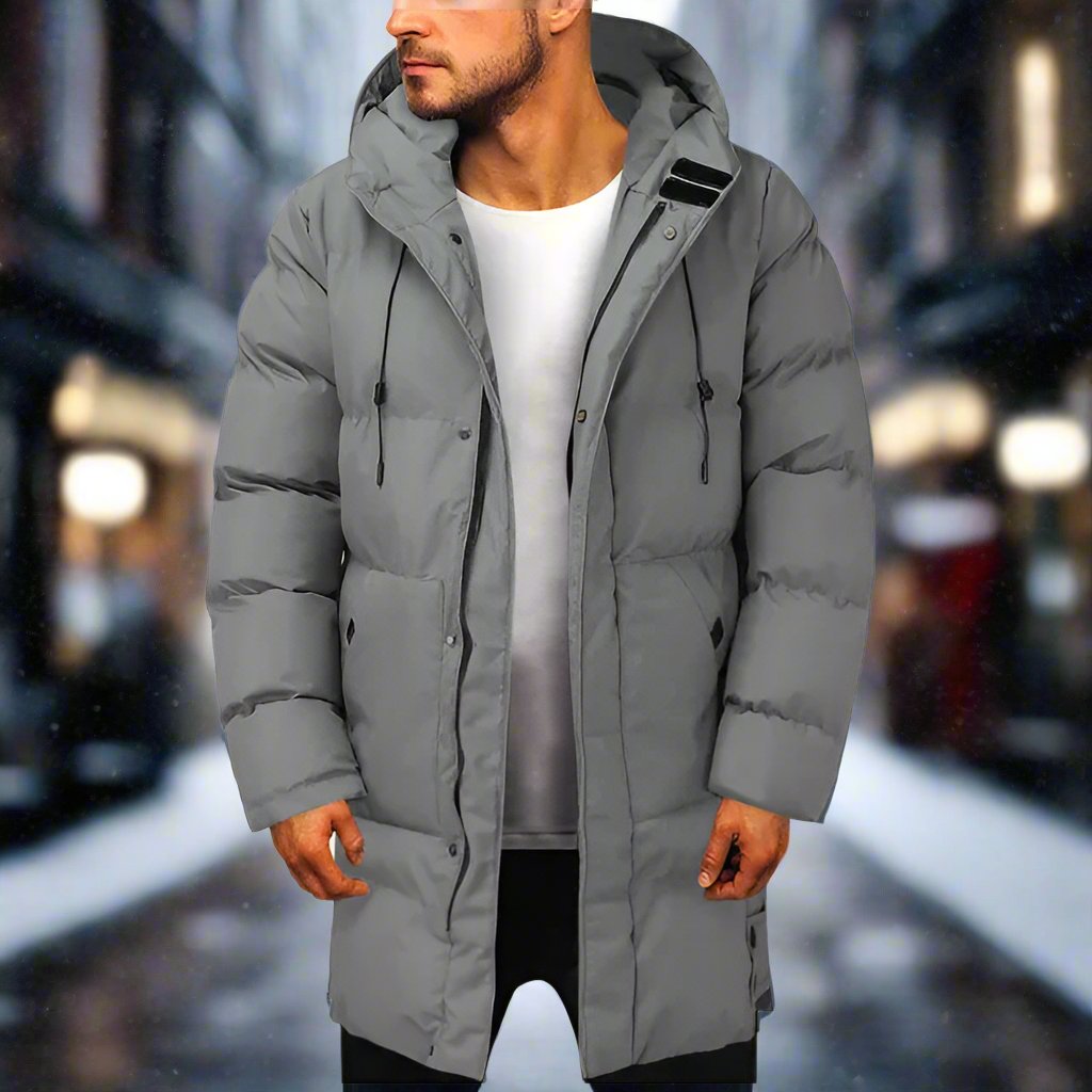 Men's warm hooded puffer coat, a black quilted winter jacket for casual outerwear.