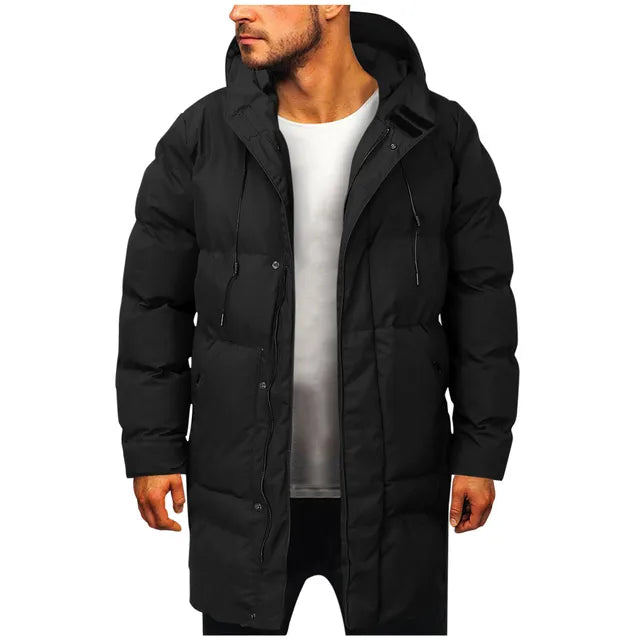 Stylish men's quilted puffer jacket with hood. Warm winter coat perfect for cold weather outerwear.