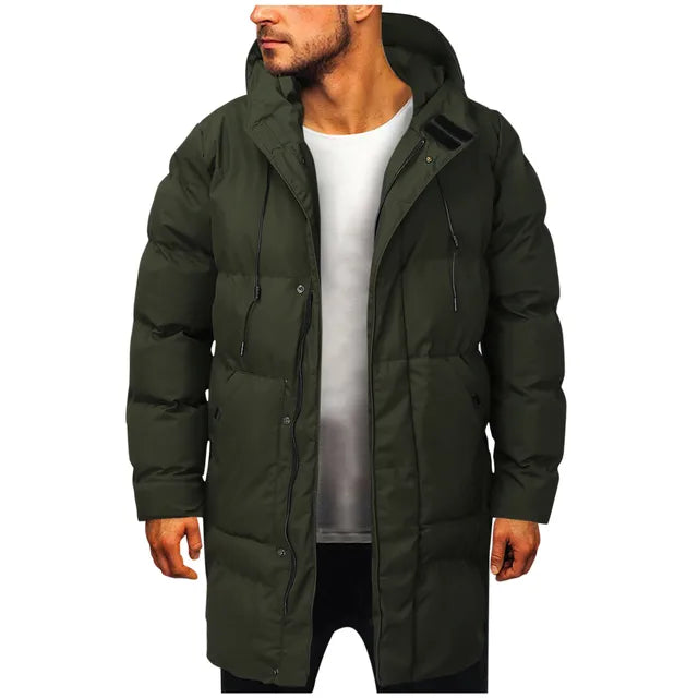 Quilted men's puffer coat, a warm hooded winter jacket for everyday casual outerwear. Black.