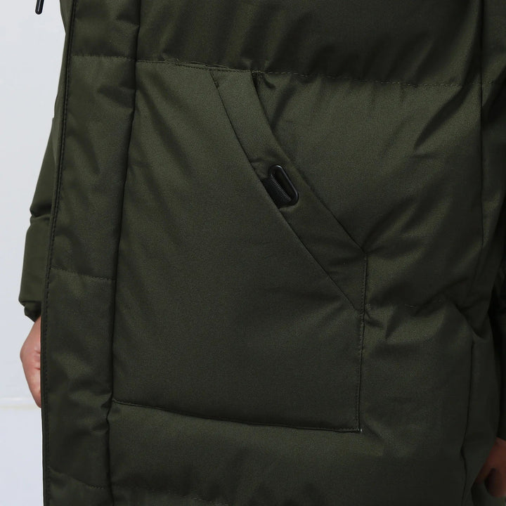 Men's warm quilted hooded puffer coat. Durable winter jacket, ideal outerwear for chilly days.