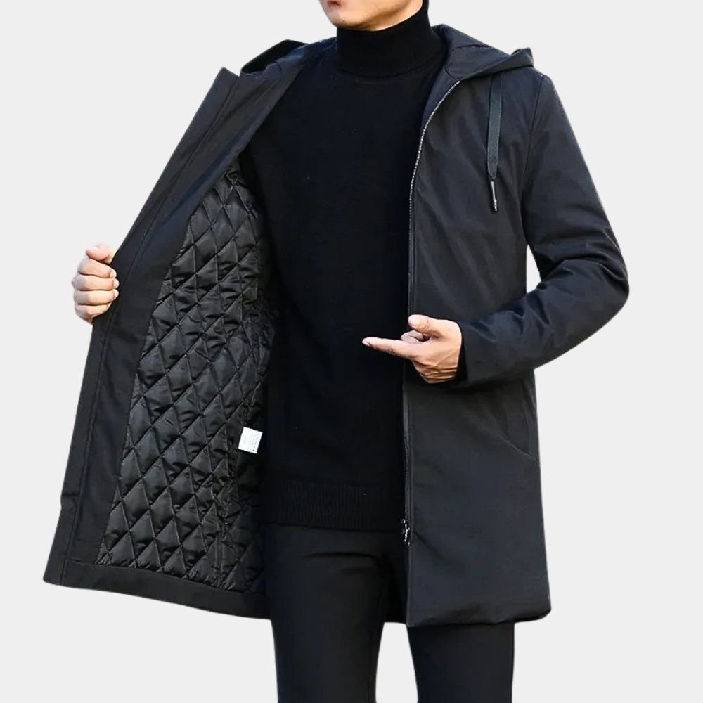 Men's warm quilted hooded mid-length coat, a stylish winter outerwear essential for cold weather.