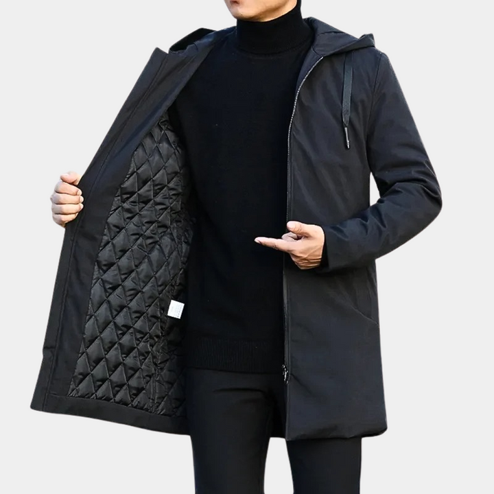 Men's warm quilted hooded mid-length coat, a stylish winter outerwear essential for cold weather.