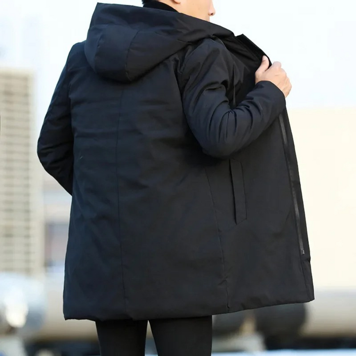 Casual men's zip-up quilted mid-length jacket with a hood, perfect for autumn and winter fashion.