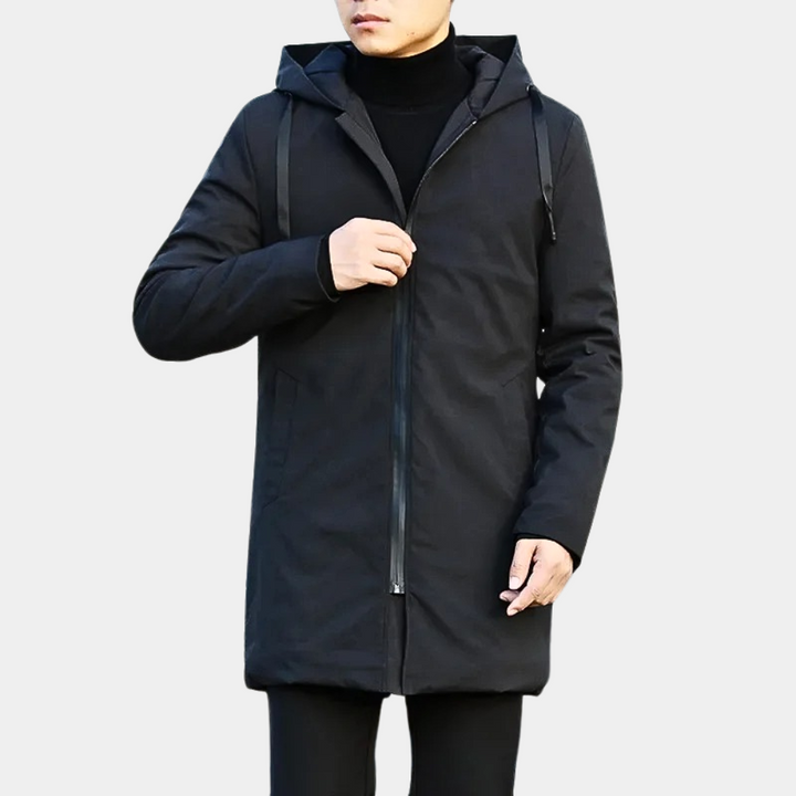Stylish men's mid-length hooded winter coat, featuring a warm quilted design for ultimate comfort.