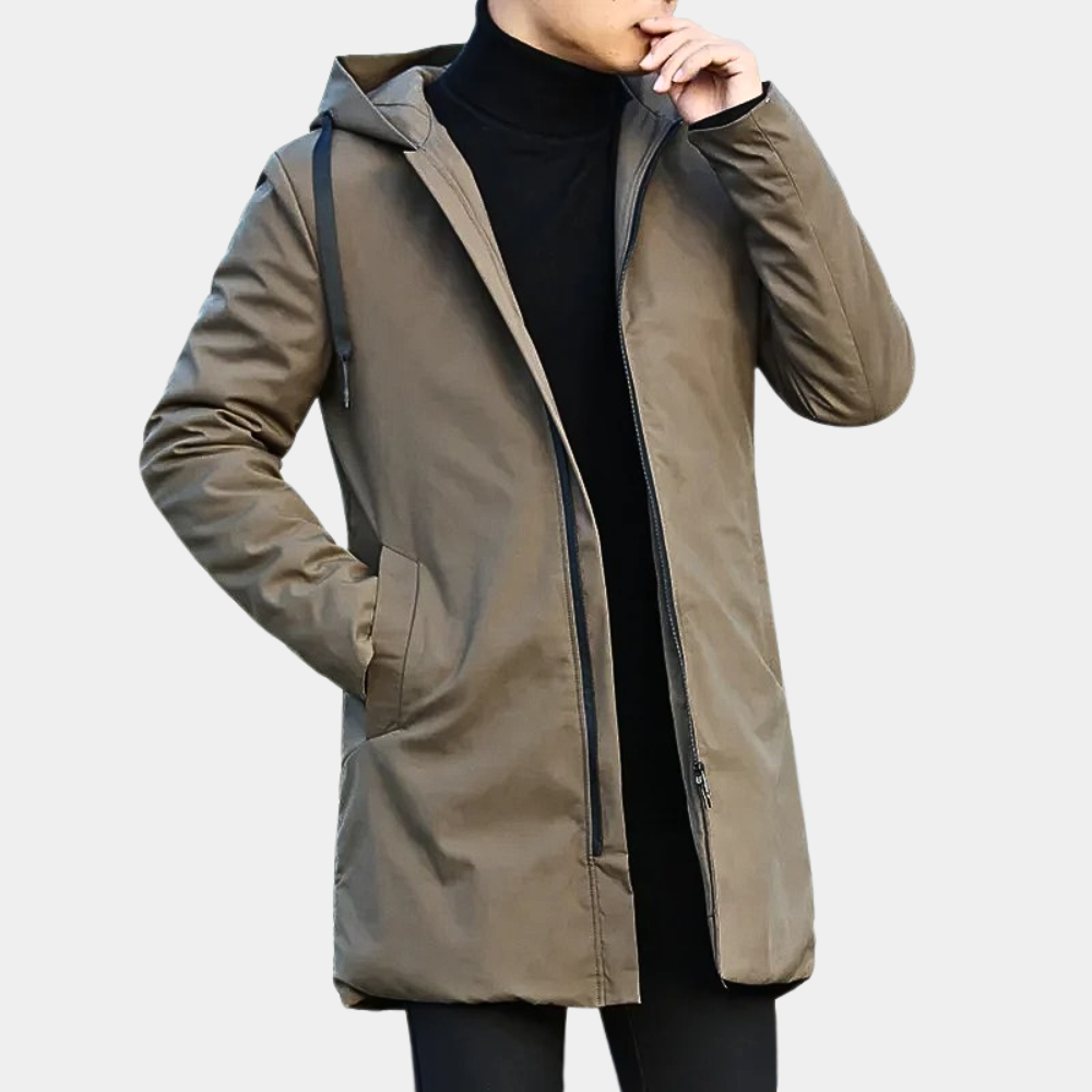 Durable men's quilted hooded mid-length coat, offering warmth and protection for outdoor activities.