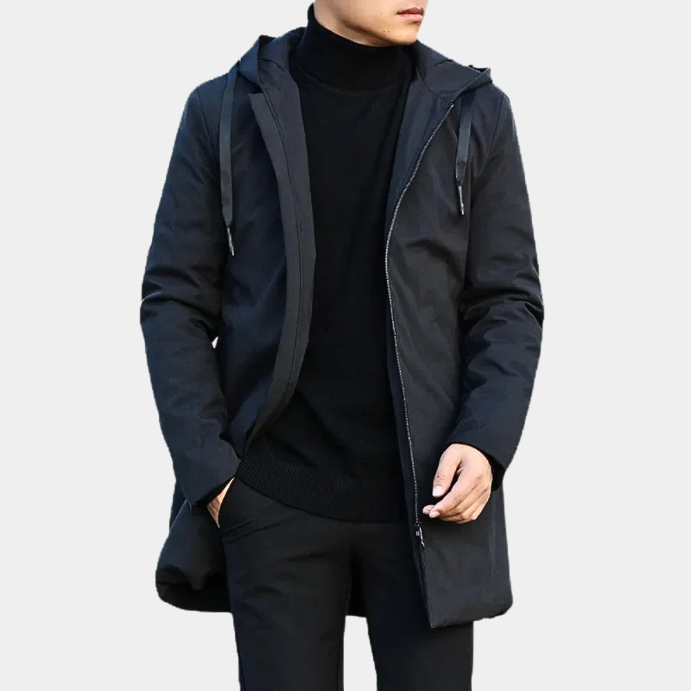 Modern men's hooded quilted mid-length coat, a versatile and warm addition to any winter wardrobe.
