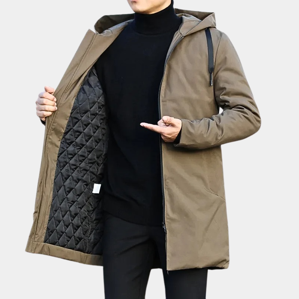 Classic men's autumn/winter mid-length coat, with a cozy hood and warm quilted lining for daily wear.
