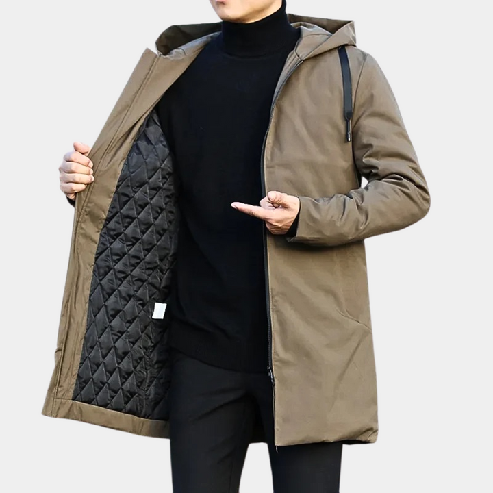 Classic men's autumn/winter mid-length coat, with a cozy hood and warm quilted lining for daily wear.