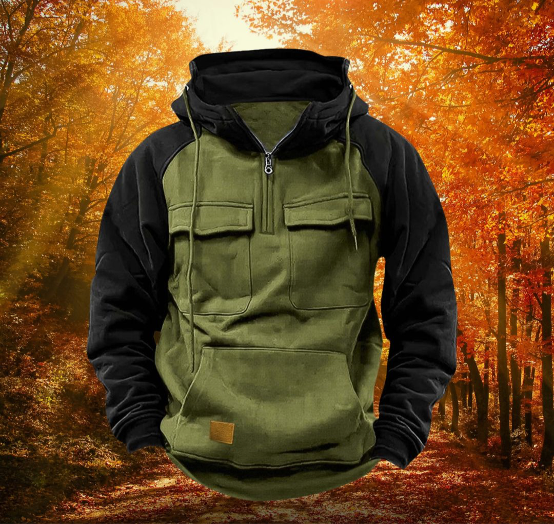 Men's warm winter hoodie with comfortable wear and practical utility pockets for outdoor adventures.