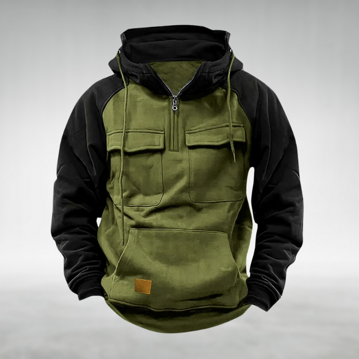 Versatile men's two-tone hoodie, perfect for casual style and outdoor adventure, offering warmth.