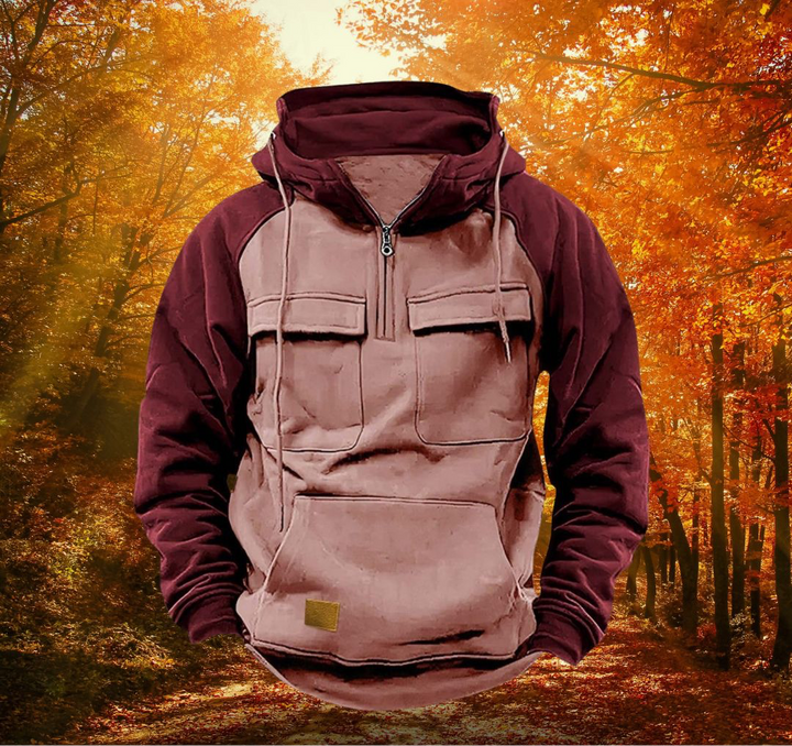 Men's multifunctional winter hoodie featuring utility pockets and a warm hooded top for comfort.