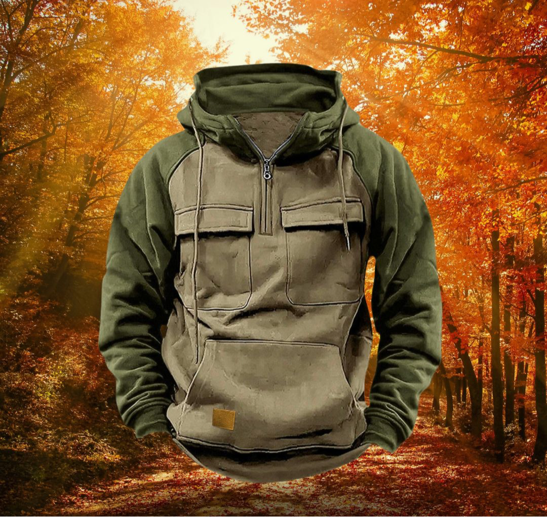 Front view: men's warm two-tone winter hoodie with utility pockets, perfect for casual outdoor wear.