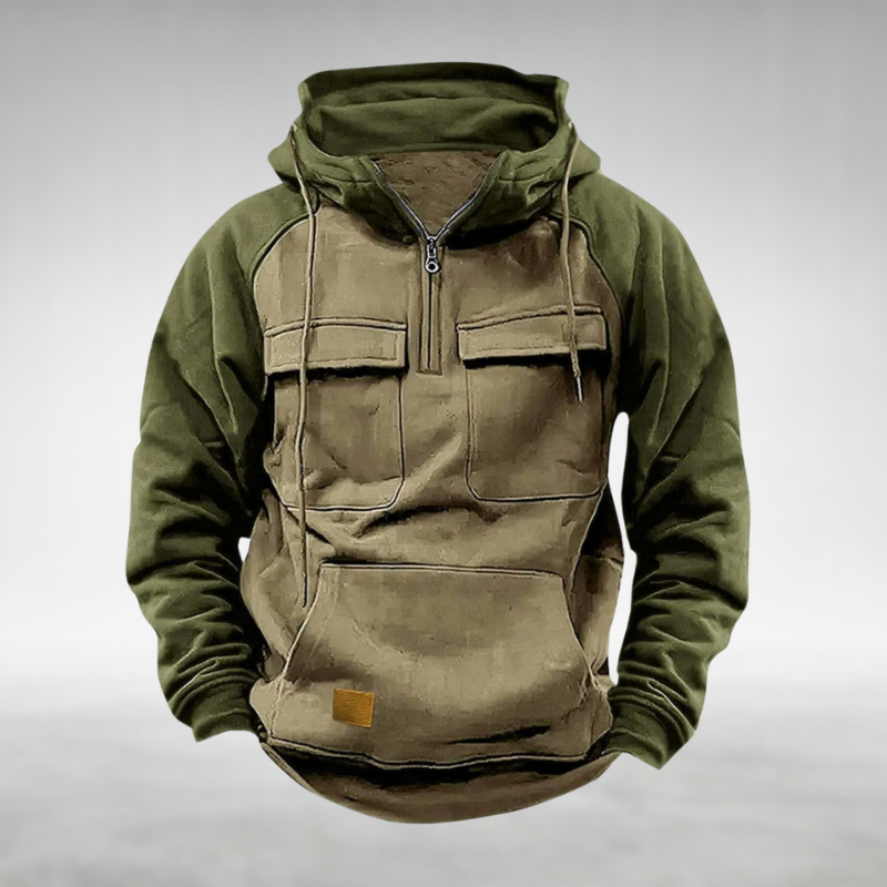 Side view of a men's multifunctional winter hoodie, highlighting comfortable wear and stylish design.