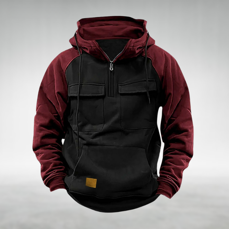 Men's multi-functional winter hoodie, a warm two-tone sweatshirt with utility pockets for outdoor adventures.