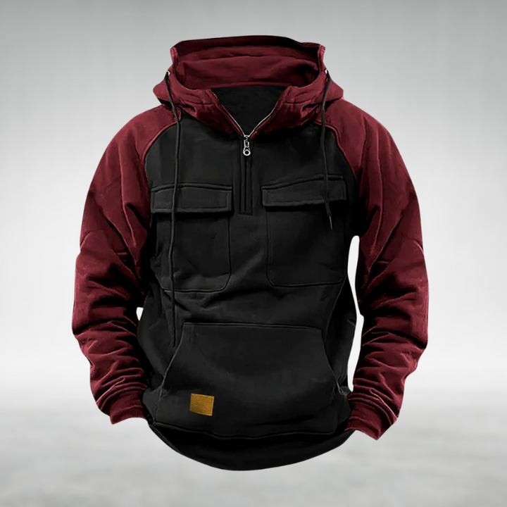 Men's multi-functional winter hoodie, a warm two-tone sweatshirt with utility pockets for outdoor adventures.