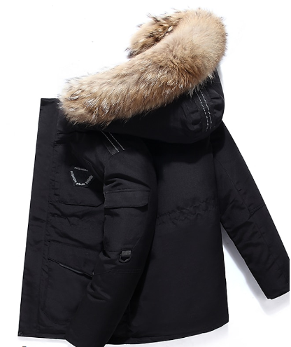 Men's hooded winter parka jacket in black, red, or white. Ultimate cold protection, stylish casual outerwear.