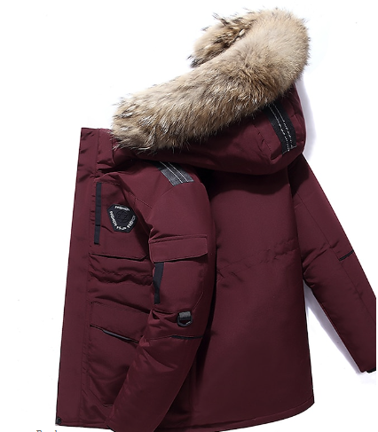 Heavy men's winter parka jacket, hooded, designed for extreme cold. Durable, warm outerwear in modern men's fashion.
