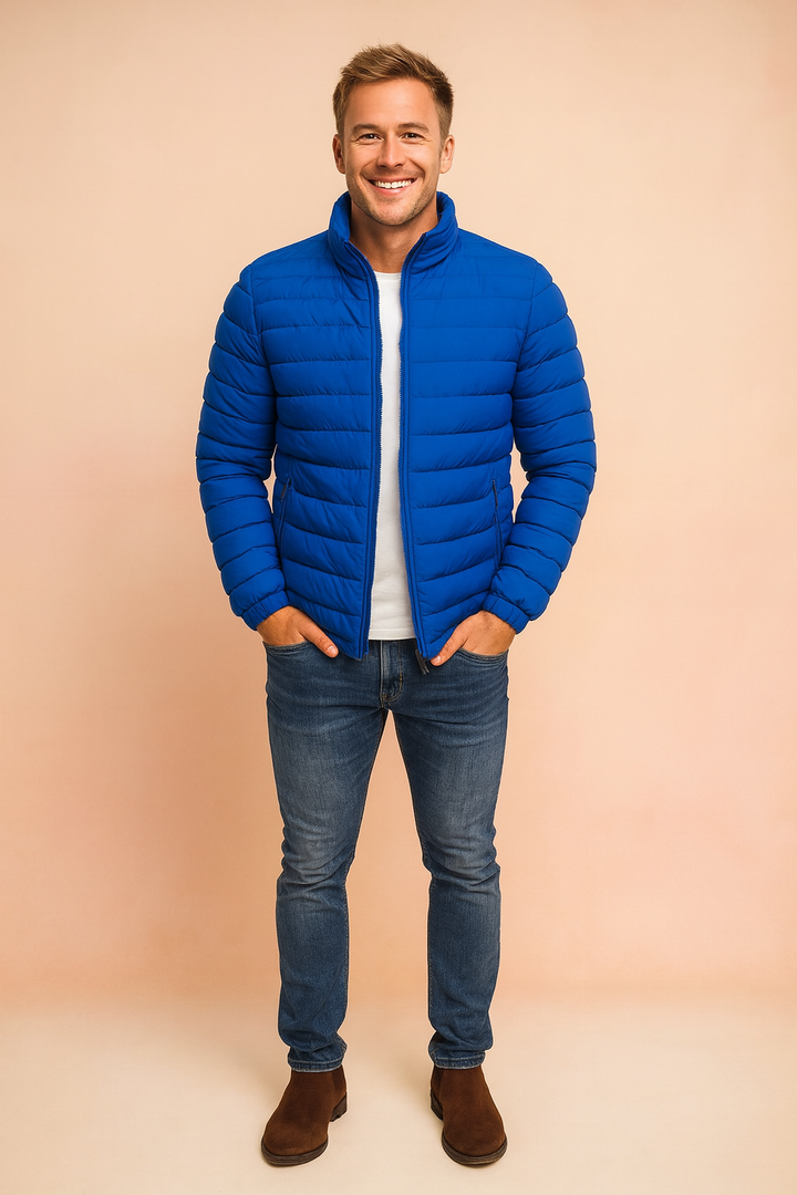 Stylish men's hooded puffer jacket for winter. Warm & casual outerwear perfect for snowy conditions.