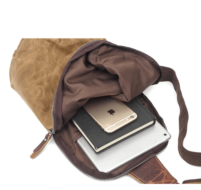 Man wearing stylish water-resistant canvas shoulder bag. Ideal for city travel & daily use.