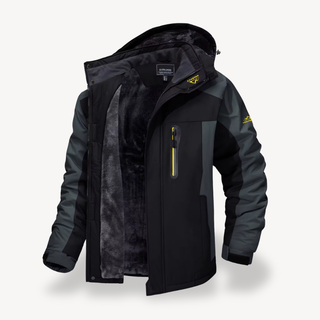 Men's waterproof hooded winter jacket for outdoor adventures. Insulated, multipocket, cold-weather protection.